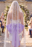 White Purple Flower Strapless Lace Ruched Tight Short Wedding Dress with Bow
