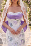 White Purple Flower Strapless Lace Ruched Tight Short Wedding Dress with Bow