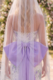 White Purple Flower Strapless Lace Ruched Tight Short Wedding Dress with Bow