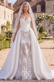 White Corset Strapless 3D Flower Beaded Wedding Dress with Veil