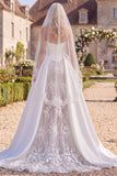 White Corset Strapless 3D Flower Beaded Wedding Dress with Veil