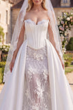 White Corset Strapless 3D Flower Beaded Wedding Dress with Veil