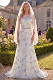 White Green Flower Embroidered 2 Piece Boat Neck Wedding Dress with Veil