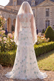 White Green Flower Embroidered 2 Piece Boat Neck Wedding Dress with Veil