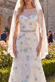 White Green Flower Embroidered 2 Piece Boat Neck Wedding Dress with Veil