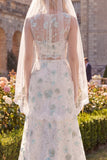 White Green Flower Embroidered 2 Piece Boat Neck Wedding Dress with Veil