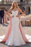 Mermaid White Embroidered Sweetheart Wedding Dress with Giant Satin Bow