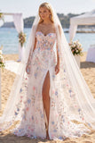 Sweetheart White Pink Flower Embroidered Corset A Line Wedding Dress with Veil