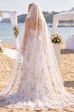 Sweetheart White Pink Flower Embroidered Corset A Line Wedding Dress with Veil