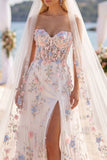 Sweetheart White Pink Flower Embroidered Corset A Line Wedding Dress with Veil