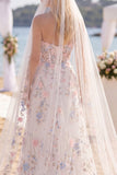 Sweetheart White Pink Flower Embroidered Corset A Line Wedding Dress with Veil