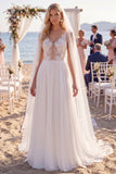 White Embroidered A Line V-Neck Beach Wedding Dress with Veil