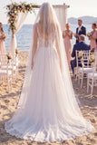 White Embroidered A Line V-Neck Beach Wedding Dress with Veil