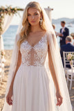 White Embroidered A Line V-Neck Beach Wedding Dress with Veil