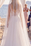 White Embroidered A Line V-Neck Beach Wedding Dress with Veil