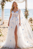 White 3D Flower Corset A Line Wedding Dress with Veil