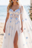 White 3D Flower Corset A Line Wedding Dress with Veil