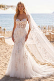 Mermaid White Pink Flower Applique Corset Wedding Dress with Veil