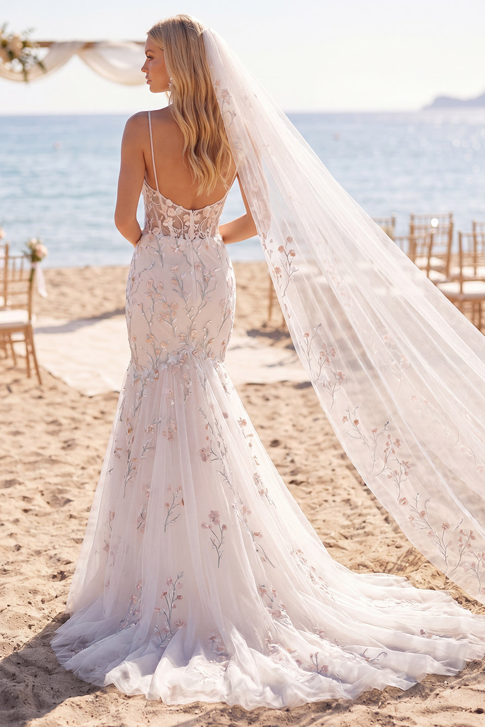 Wedtrend Women White Pink Flower Wedding Dress with Veil Corset Embroidered Applique Mermaid Bridal Dress, White Pink Flower / US12