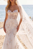 Mermaid White Pink Flower Applique Corset Wedding Dress with Veil