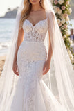 Romantic White Lace Mermaid Corset Wedding Dress with Veil