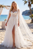 Sweetheart White Corset Daisy Embroidered Wedding Dress with Slit