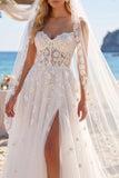 Sweetheart White Corset Daisy Embroidered Wedding Dress with Slit