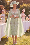 Sheath Green Floral Mother of the Bride Dress with Cape Sleeves