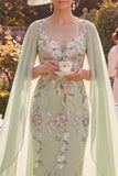 Sheath Green Floral Mother of the Bride Dress with Cape Sleeves