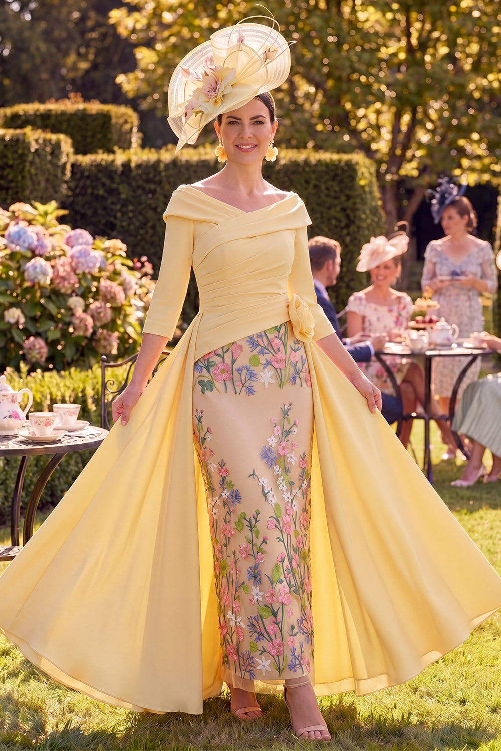 Wedtrend Women Yellow Floral Mother of the Bride Dress with Side Streamer Ruched Off the Shoulder Sheath Long Kentucky Derby Dress with 3/4 Sleeves