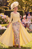 Yellow Off the Shoulder Sheath Floral Mother of the Bride Dress with Side Streamer