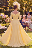 Yellow Off the Shoulder Sheath Floral Mother of the Bride Dress with Side Streamer