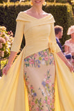 Yellow Off the Shoulder Sheath Floral Mother of the Bride Dress with Side Streamer
