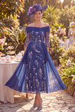 Navy Sheath Floral Off the Shoulder Midi Mother of the Bride Dress with Side Streamer