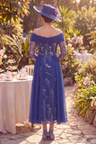 Navy Sheath Floral Off the Shoulder Midi Mother of the Bride Dress with Side Streamer