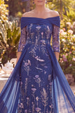 Navy Sheath Floral Off the Shoulder Midi Mother of the Bride Dress with Side Streamer