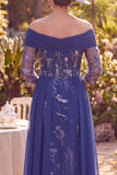 Navy Sheath Floral Off the Shoulder Midi Mother of the Bride Dress with Side Streamer