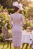 Lilac Floral Sheath Mother of the Bride Dress with 3/4 Sleeves