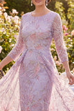 Lilac Floral Sheath Mother of the Bride Dress with 3/4 Sleeves