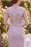 Lilac Floral Sheath Mother of the Bride Dress with 3/4 Sleeves