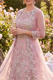 Blush Tulle Appliqued Midi Mother of the Bride Dress with Cape