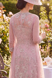 Blush Tulle Appliqued Midi Mother of the Bride Dress with Cape