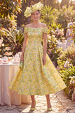 Floral Yellow Off the Shoulder Mother of the Bride Dress