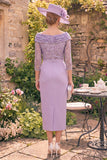 Grey Purple Sequin Sheath Off the Shoulder Mother of the Bride Dress