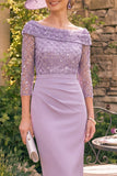 Grey Purple Sequin Sheath Off the Shoulder Mother of the Bride Dress