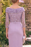 Grey Purple Sequin Sheath Off the Shoulder Mother of the Bride Dress