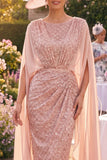 Sequin Blush Sheath Mother of the Bride Dress with Cape Sleeves