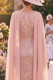 Sequin Blush Sheath Mother of the Bride Dress with Cape Sleeves
