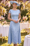 Blue Lace Sheath Mother of the Bride Dress with Side Streamer