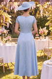Blue Lace Sheath Mother of the Bride Dress with Side Streamer